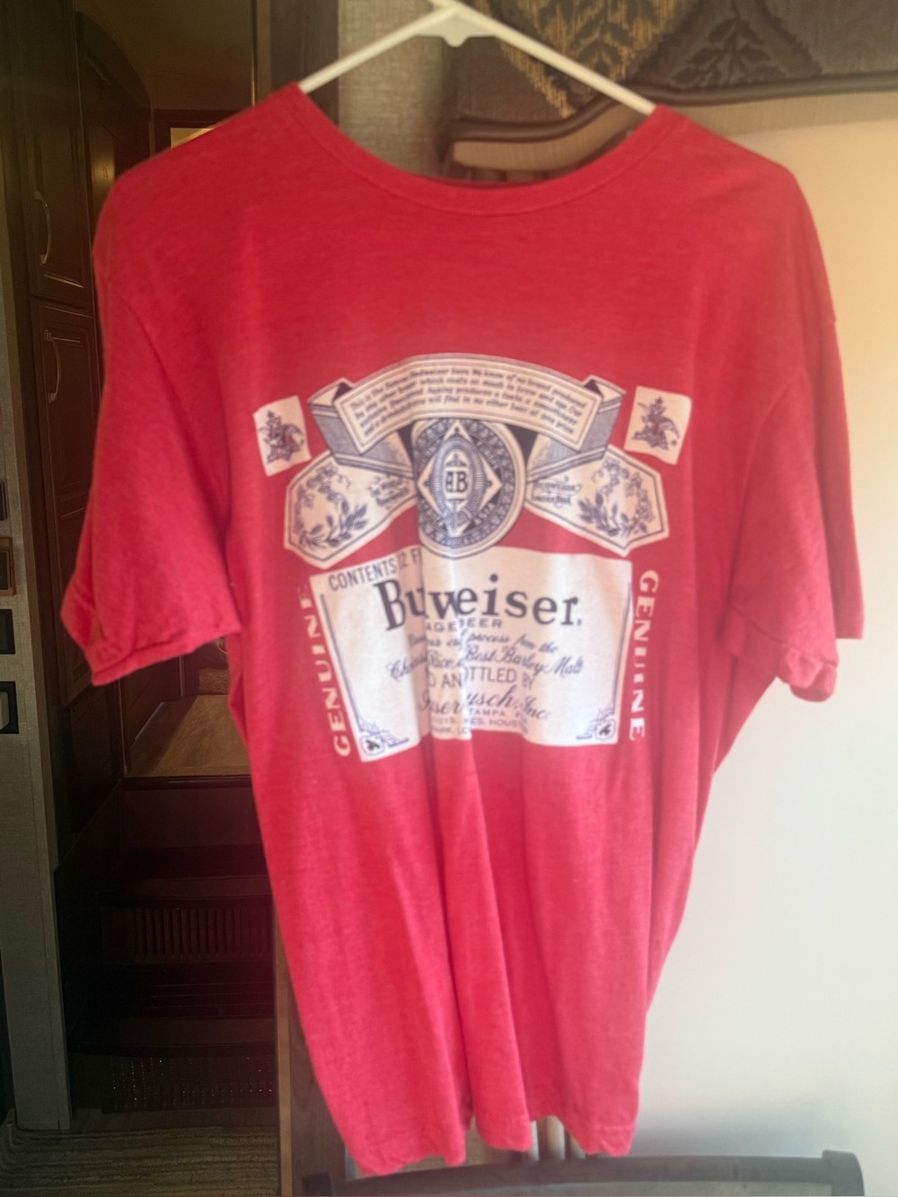 Budweiser Red Short Sleeve Tee with White and Blue Label Graphic